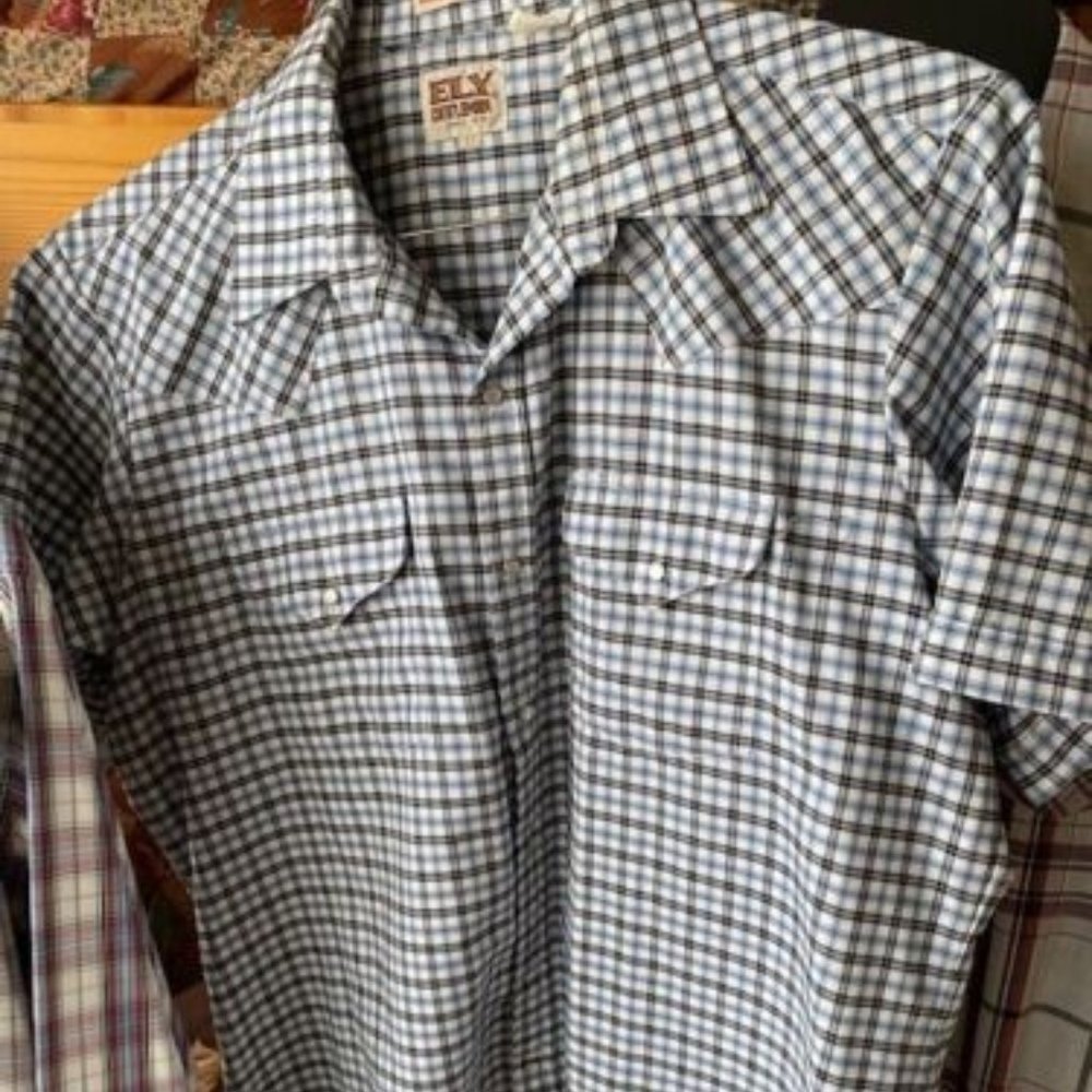 Vintage* ELY CATTLEMAN *Blue Check PEARL SNAP Western Shirt *no wrinkle* 17 * XL